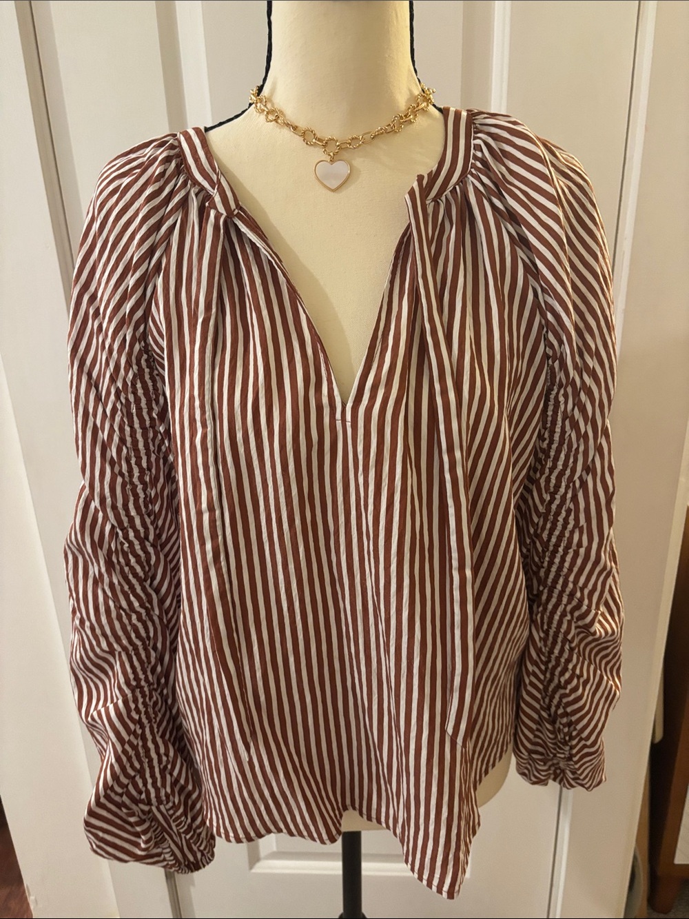 LOFT Brown and White Striped V-Neck Peasant Blouse